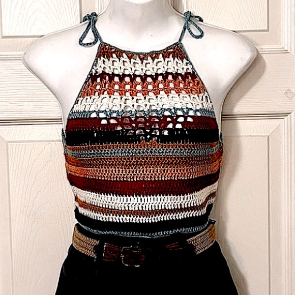 Striped Multi Color Crochet Macrame Knit Halter Top - Picture 1 of 8